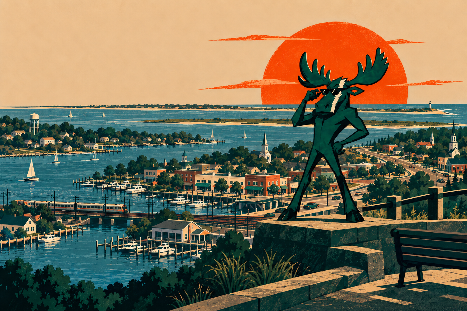 MooseRank mascot overlooking Babylon's South Shore territory, marinas, rail line, and village businesses