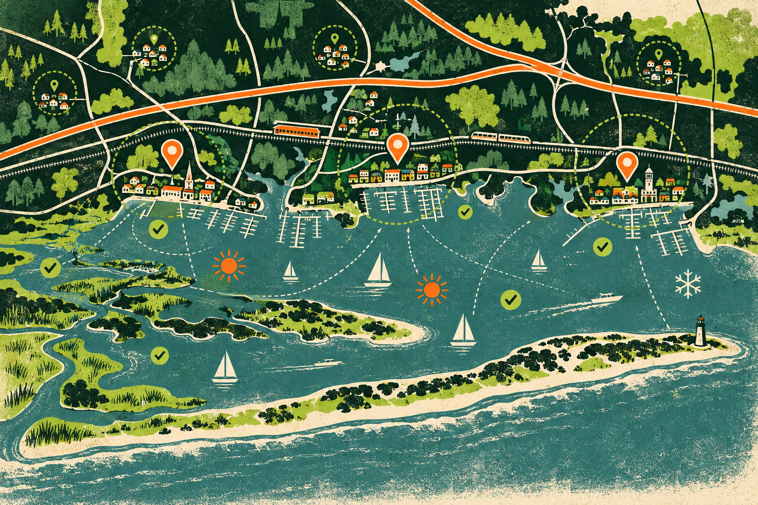 Illustrated Babylon local market map with South Shore villages, waterfront communities, rail routes, and service-area coverage