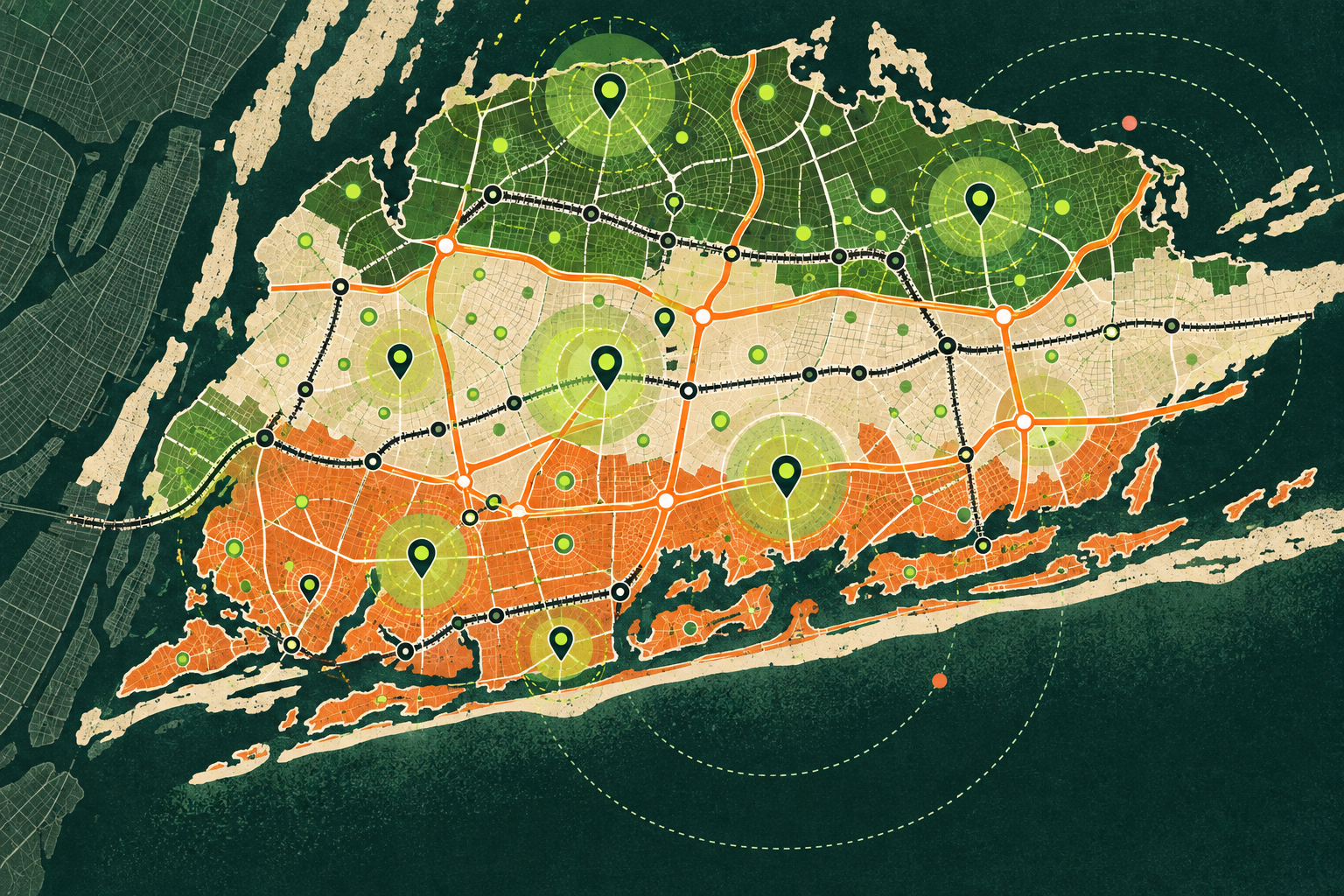 Illustrated Nassau County local market map with dense town clusters, corridors, and service-area coverage