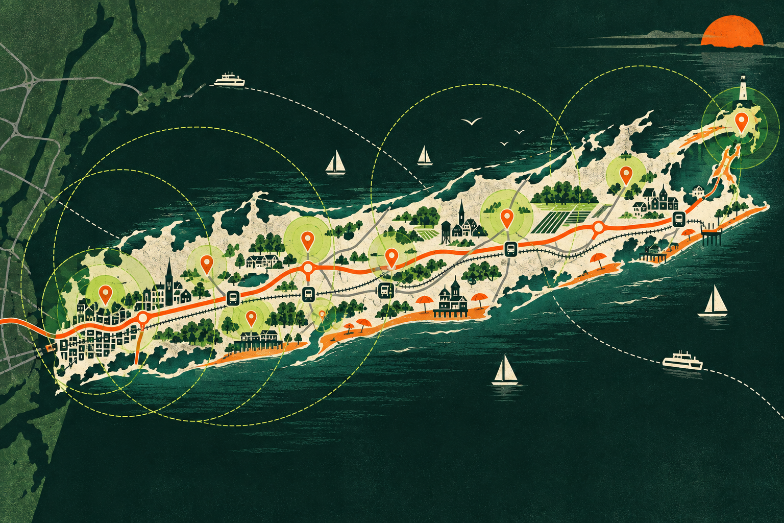 Illustrated Suffolk County local market map with coastal markets, rail corridors, and expansive service-area coverage