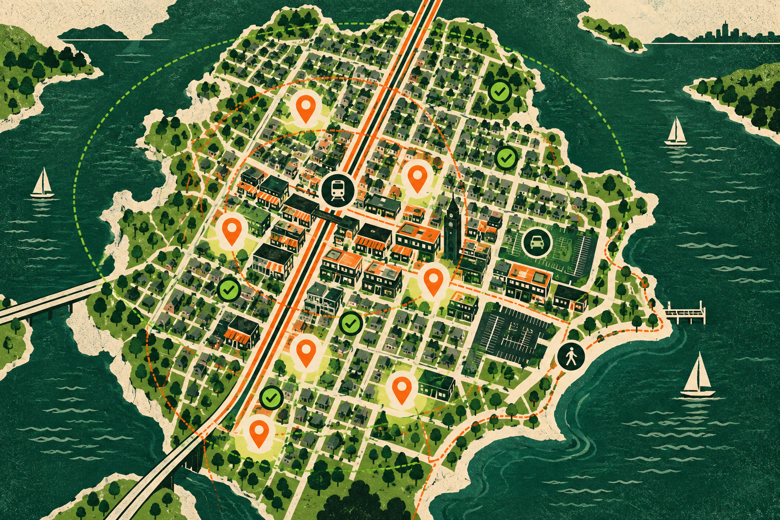 Illustrated Great Neck local market map with peninsula business districts, commuter routes, and local search coverage